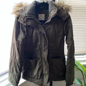 Y2K American Eagle Utility Jacket with Faux Fur Hood